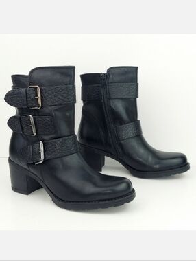 Clarks New Black Leather Moto Buckle Boots 7.5
